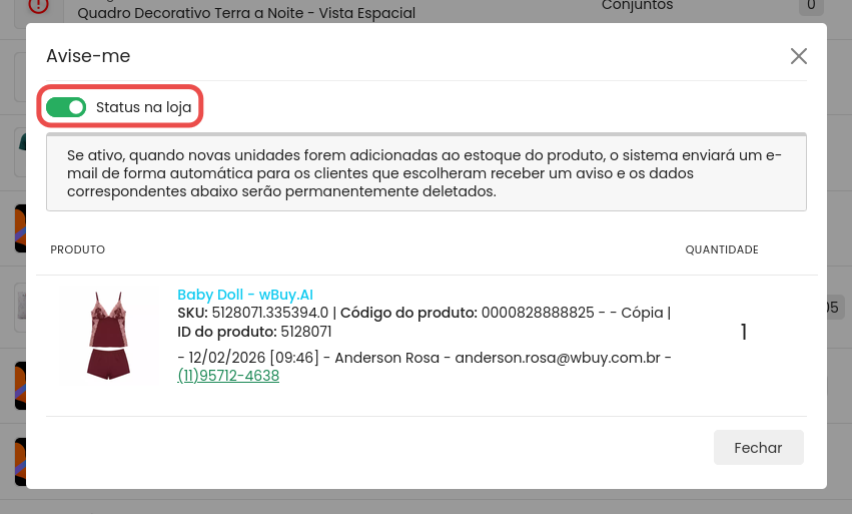 Ativa&ccedil;&atilde;o do status e visualiza&ccedil;&atilde;o da listagem de clientes aguardando reposi&ccedil;&atilde;o