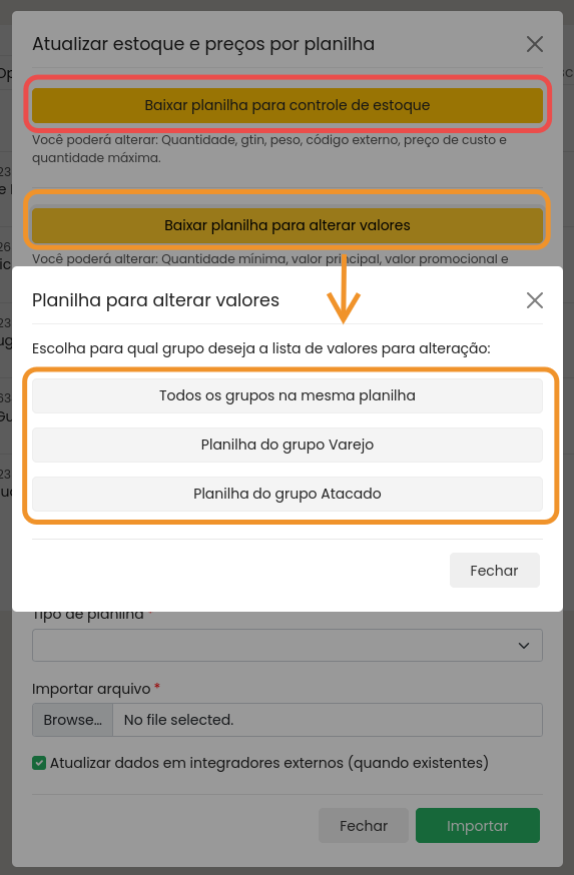 Janela da ferramenta destacando os bot&otilde;es de baixar planilha de estoque e valores, com o campo de sele&ccedil;&atilde;o de 