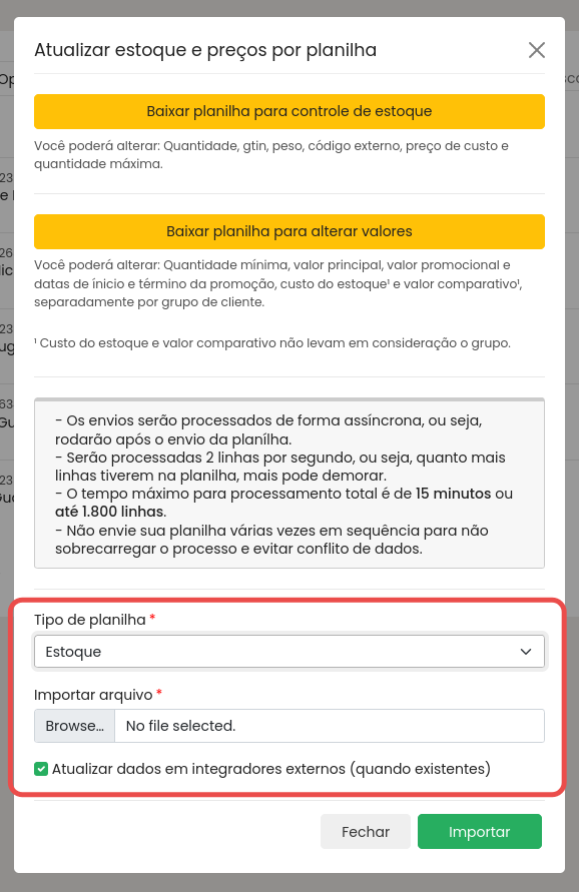 Foco na parte inferior da tela, mostrando a sele&ccedil;&atilde;o do tipo de planilha, o bot&atilde;o 