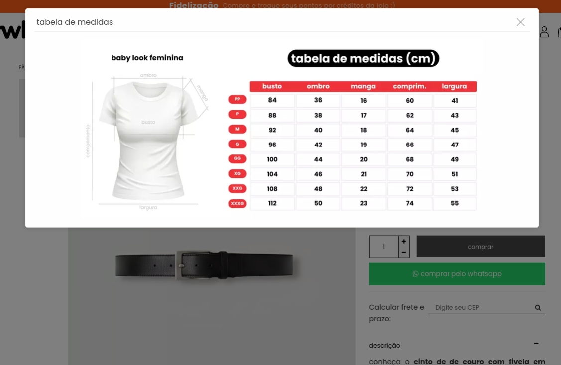 Vis&atilde;o da loja exibindo o modal aberto com a imagem/tabela.