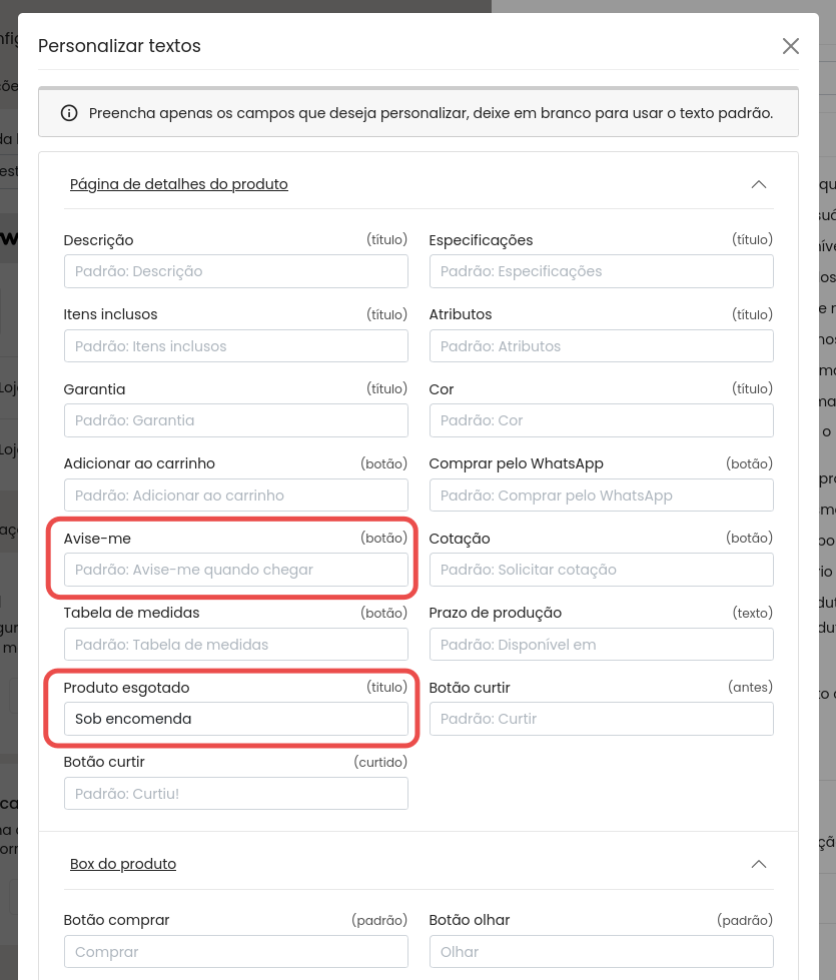 Campos de personaliza&ccedil;&atilde;o de textos para produto esgotado e bot&atilde;o avise-me